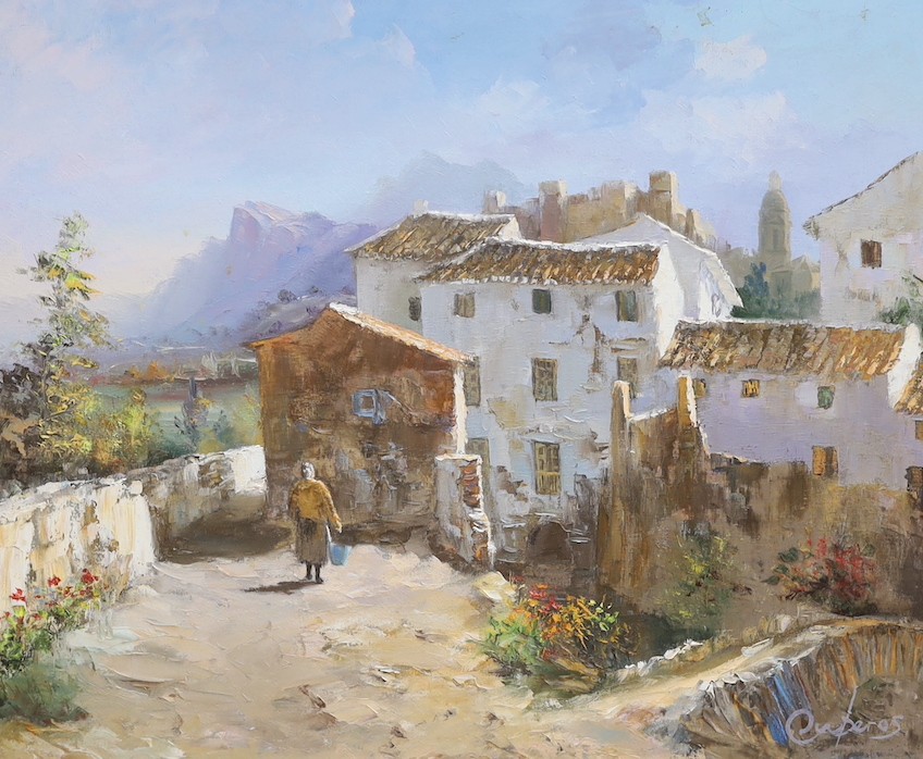 Manuel Cuberos (1933-), oil on canvas, Spanish hillside village, signed, 59 x 72cm